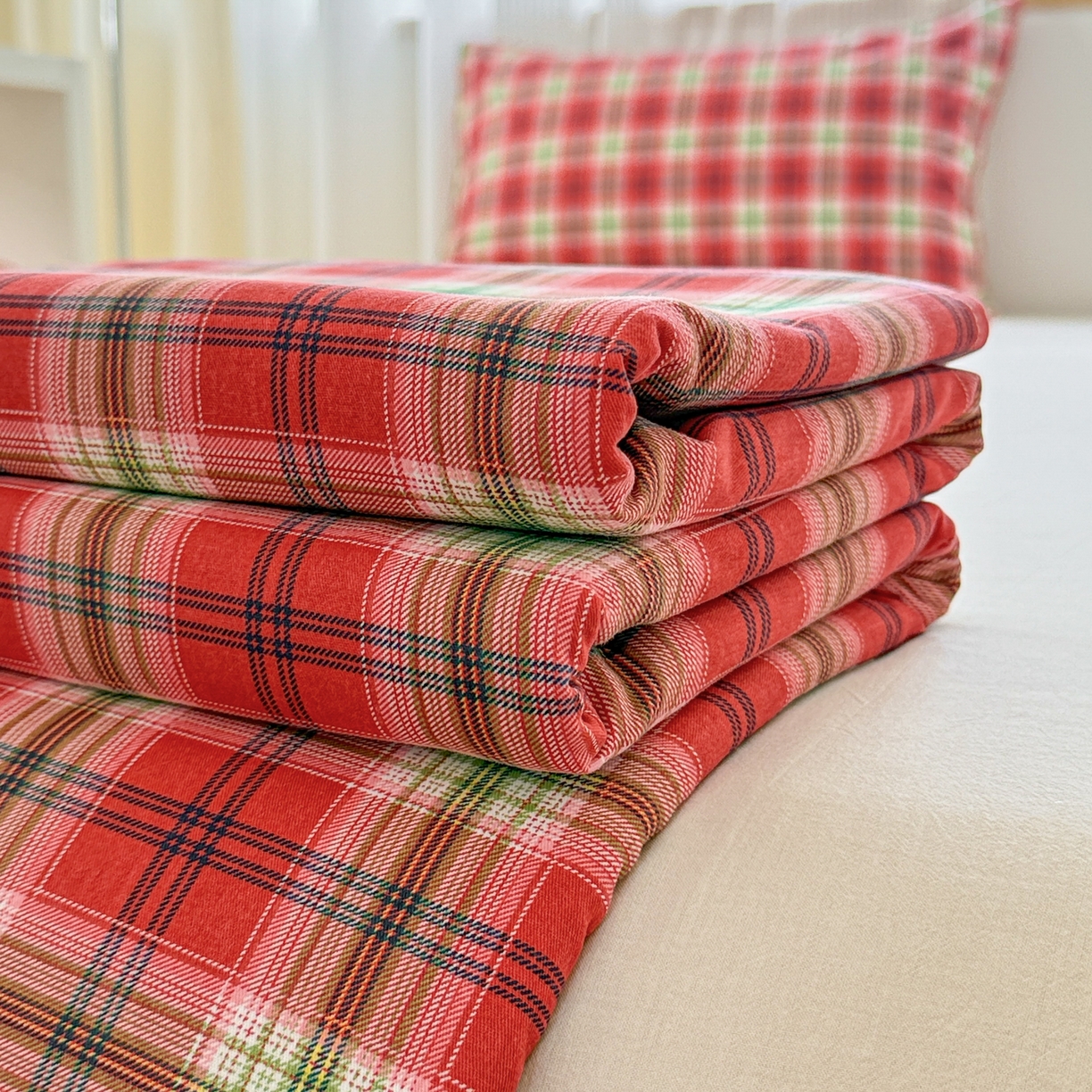 91家纺网 家纺一手货源 找家纺 丽美人家纺 2025新款全棉纯棉磨毛单床单 床单单件 红纹格