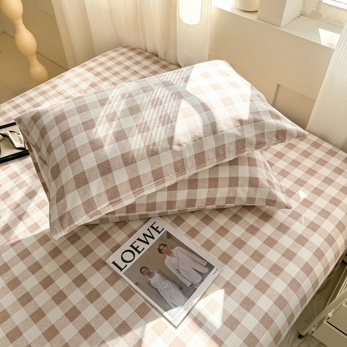 91家纺网 家纺一手货源 找家纺 丽美人家纺 2025新款全棉纯棉磨毛单床单 床单单件 浅咖中格