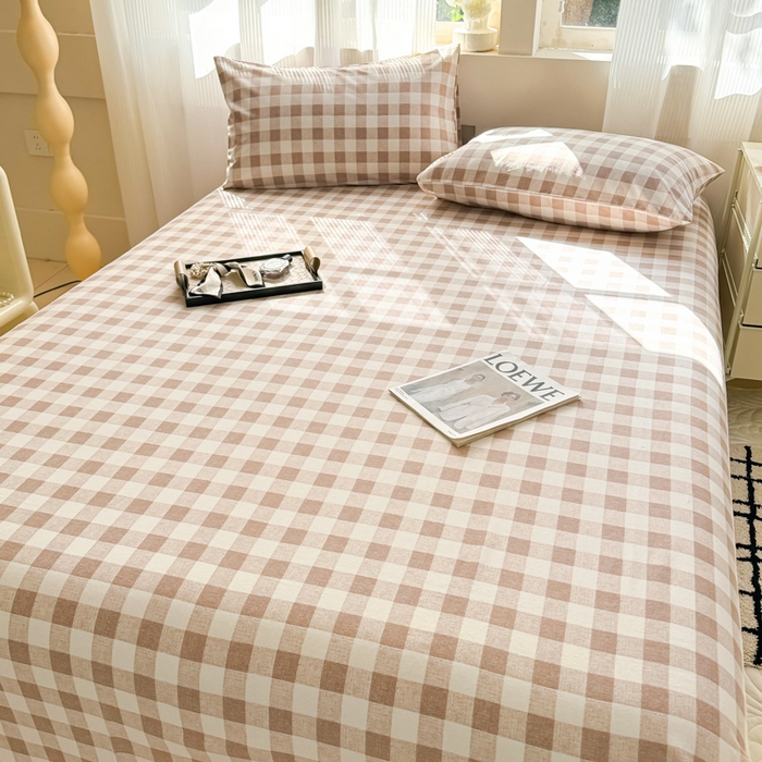 91家纺网 家纺一手货源 找家纺 丽美人家纺 2025新款全棉纯棉磨毛单床单 床单单件 浅咖中格