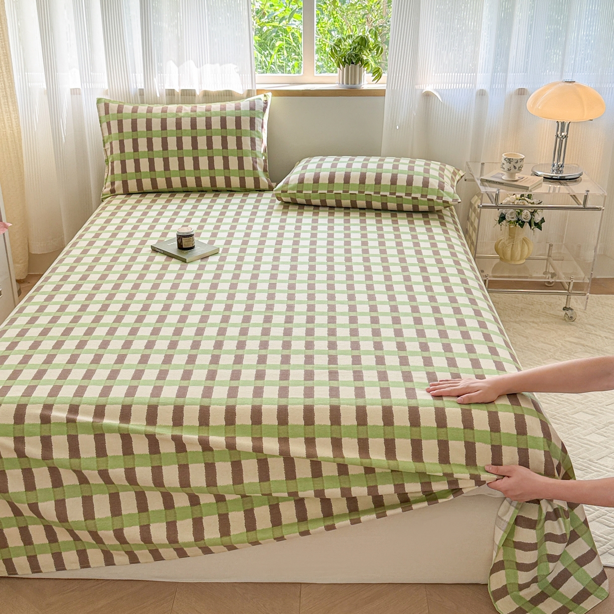 91家纺网 家纺一手货源 找家纺 丽美人家纺 2025新款全棉纯棉磨毛单床单 床单单件 方格绿