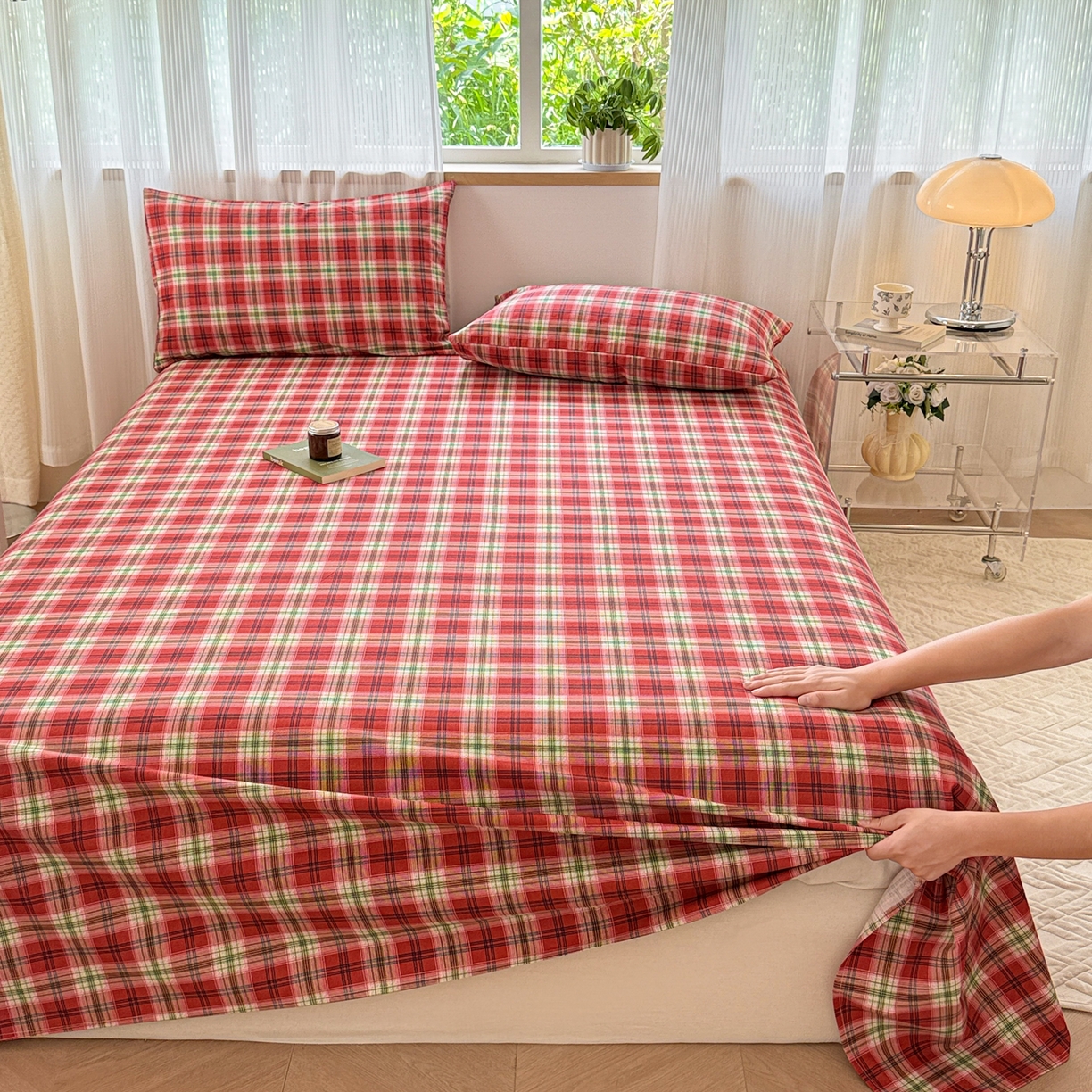 91家纺网 家纺一手货源 找家纺 丽美人家纺 2025新款全棉纯棉磨毛单床单 床单单件 红纹格