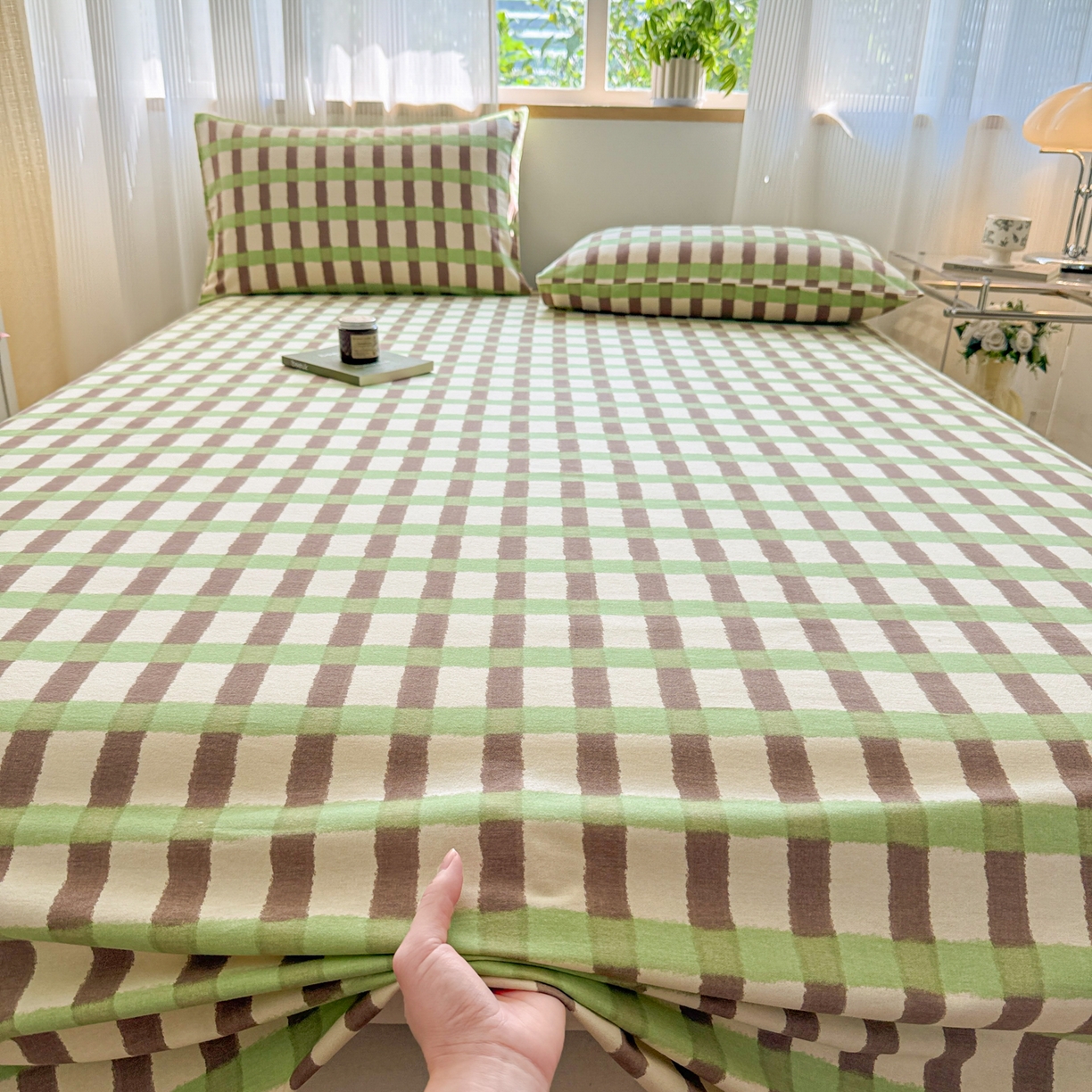 91家纺网 家纺一手货源 找家纺 丽美人家纺 2025新款全棉纯棉磨毛单床单 床单单件 方格绿
