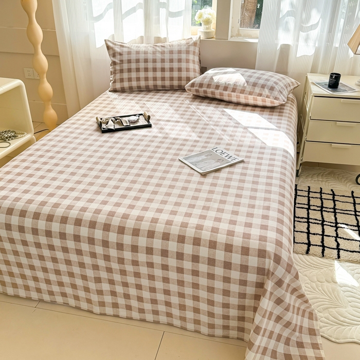 91家纺网 家纺一手货源 找家纺 丽美人家纺 2025新款全棉纯棉磨毛单床单 床单单件 浅咖中格