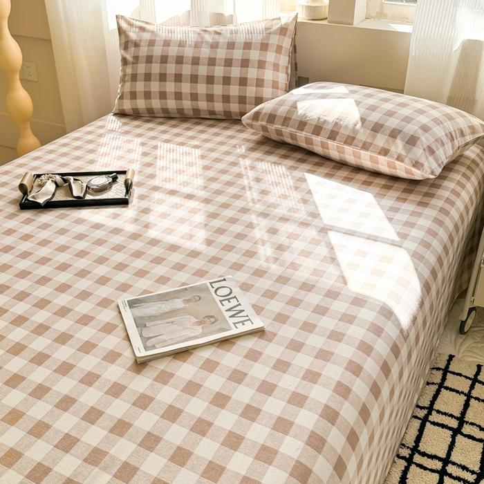 91家纺网 家纺一手货源 找家纺 丽美人家纺 2025新款全棉纯棉磨毛单床单 床单单件 浅咖中格