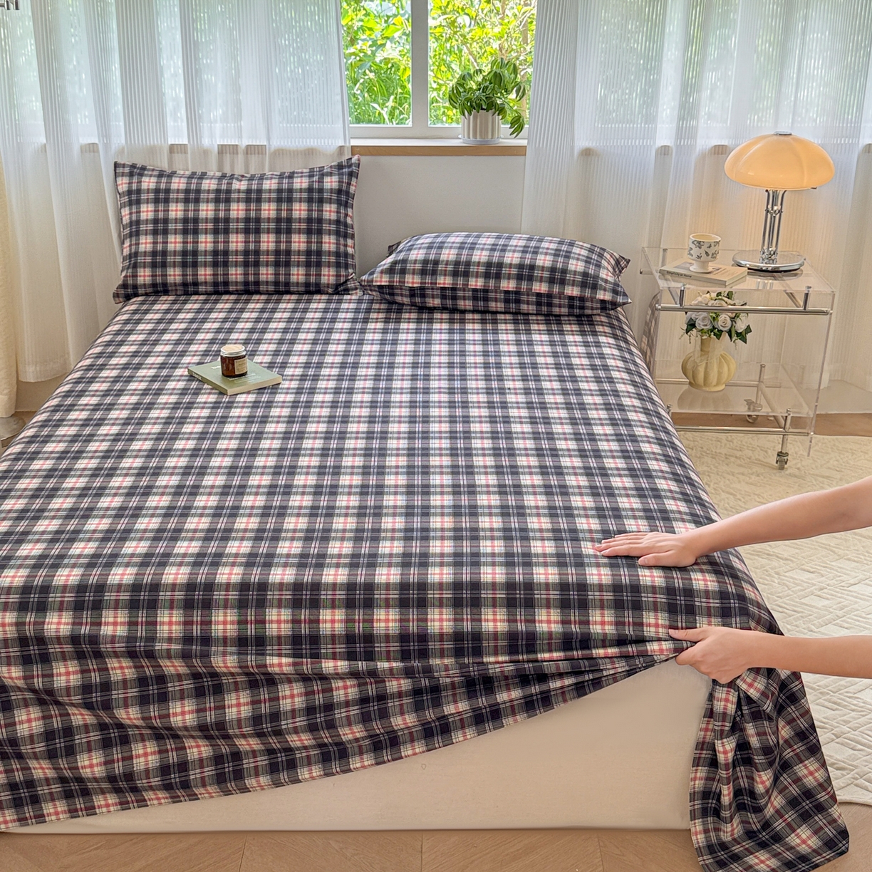 91家纺网 家纺一手货源 找家纺 丽美人家纺 2025新款全棉纯棉磨毛单床单 床单单件 黑纹格