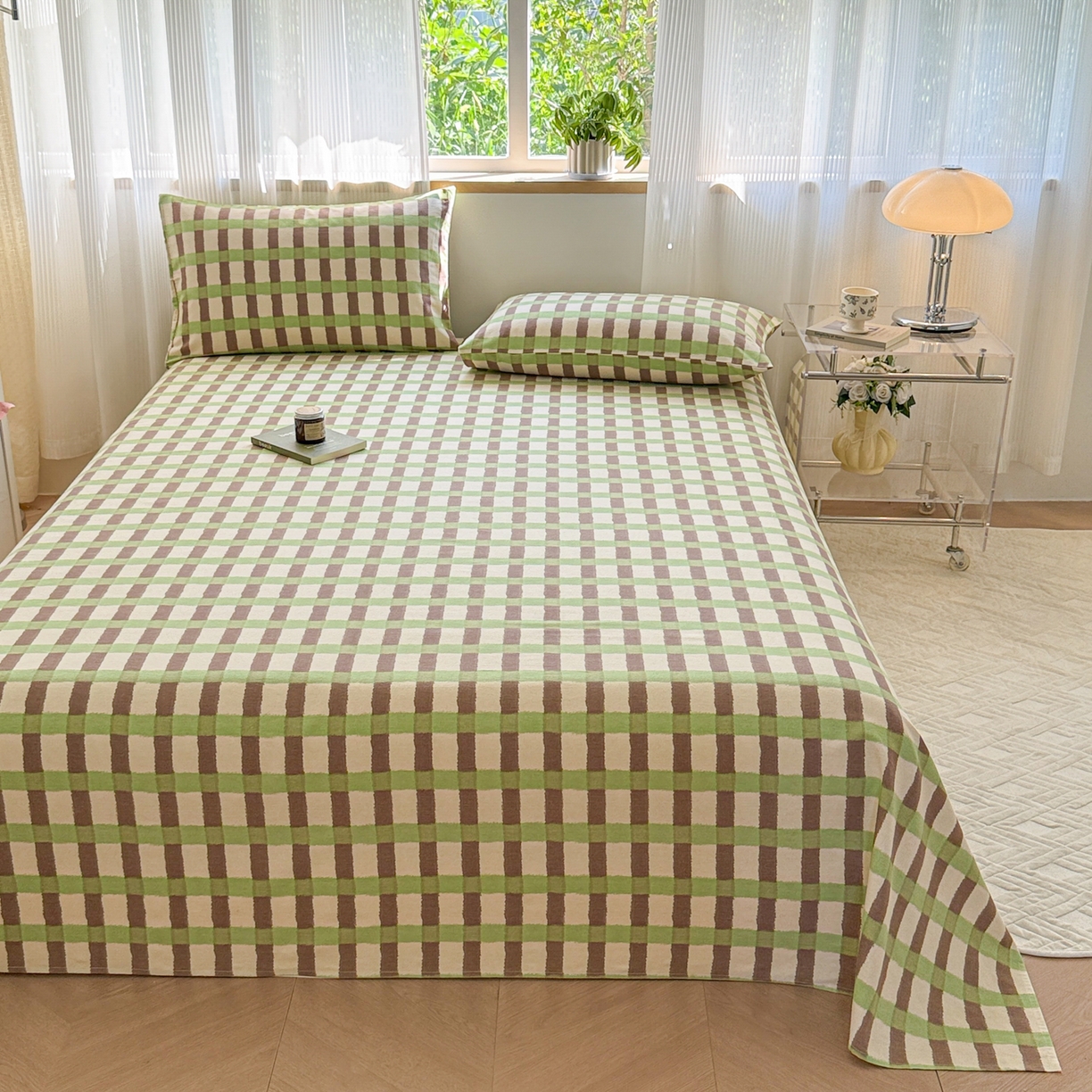 91家纺网 家纺一手货源 找家纺 丽美人家纺 2025新款全棉纯棉磨毛单床单 床单单件 方格绿