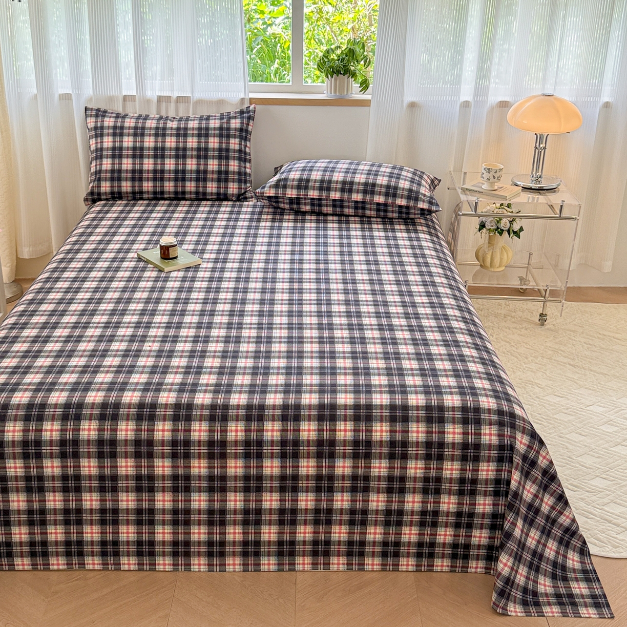 91家纺网 家纺一手货源 找家纺 丽美人家纺 2025新款全棉纯棉磨毛单床单 床单单件 黑纹格