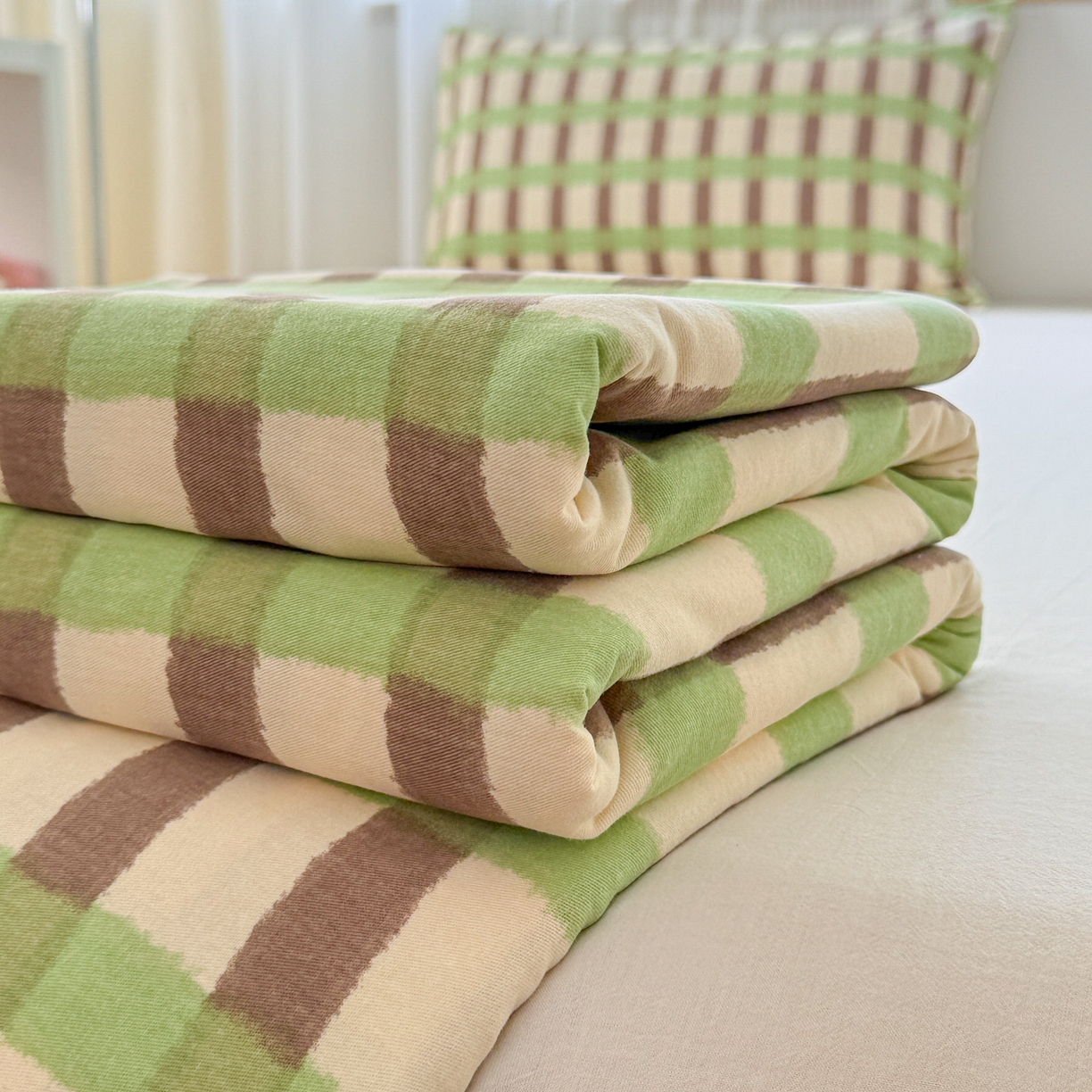 91家纺网 家纺一手货源 找家纺 丽美人家纺 2025新款全棉纯棉磨毛单床单 床单单件 方格绿