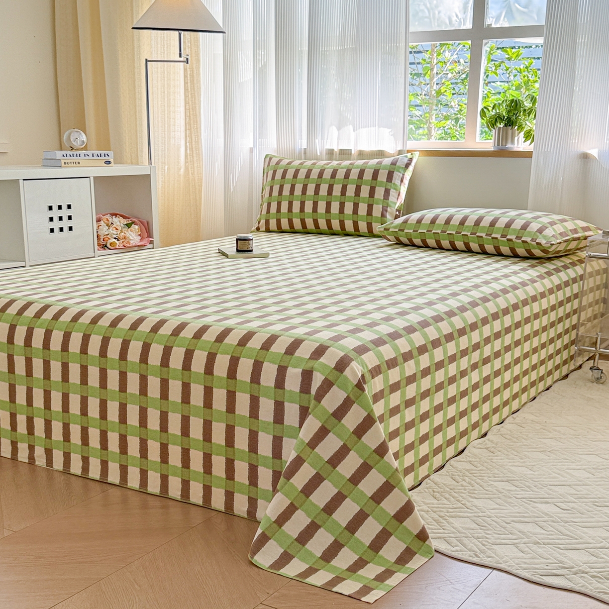 91家纺网 家纺一手货源 找家纺 丽美人家纺 2025新款全棉纯棉磨毛单床单 床单单件 方格绿