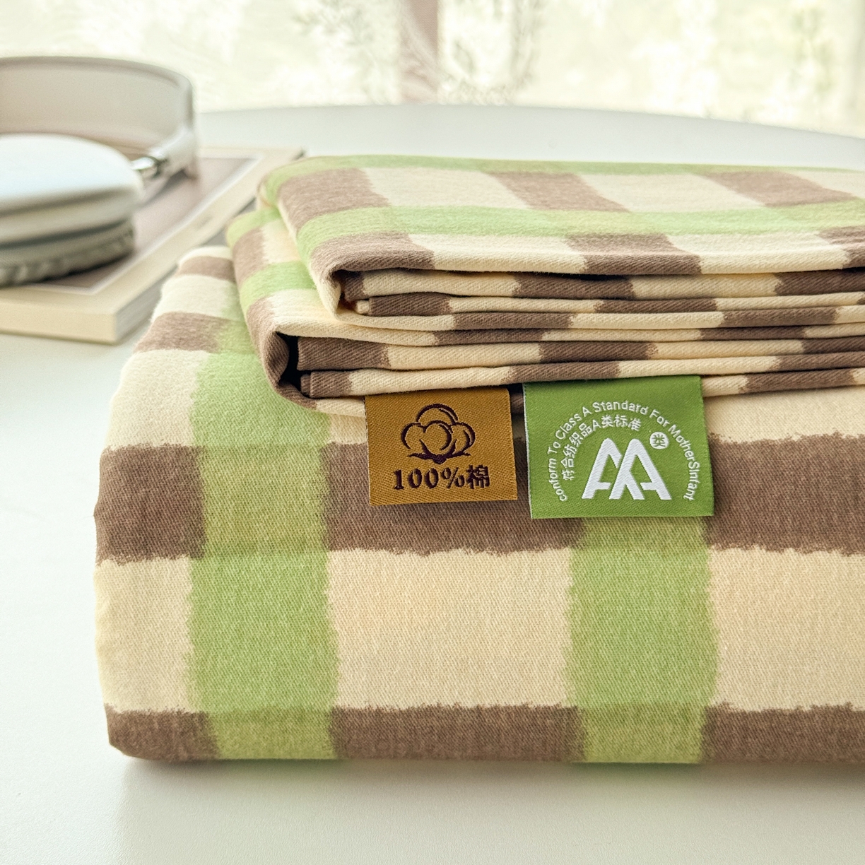 91家纺网 家纺一手货源 找家纺 丽美人家纺 2025新款全棉纯棉磨毛单床单 床单单件 方格绿