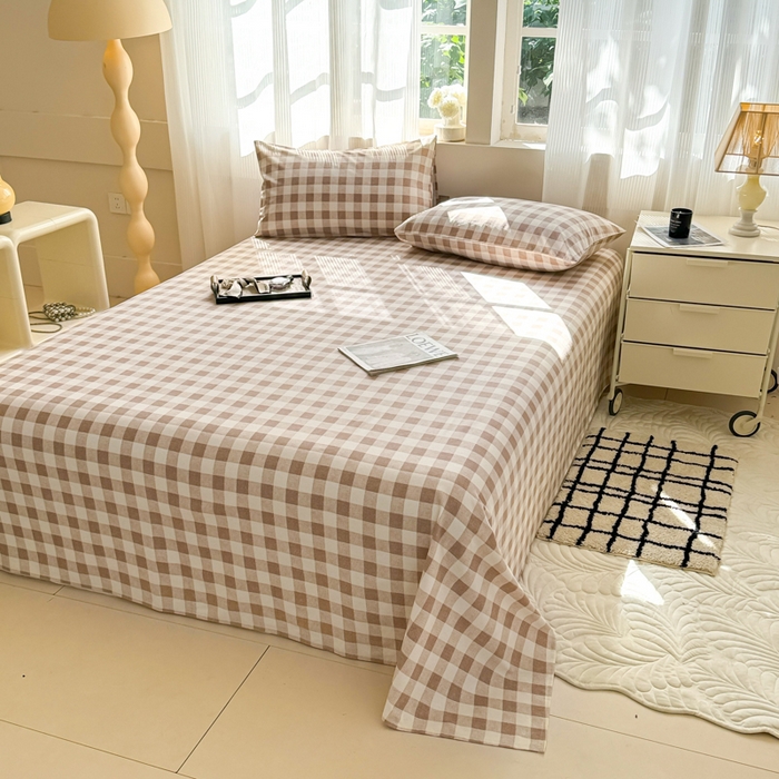 91家纺网 家纺一手货源 找家纺 丽美人家纺 2025新款全棉纯棉磨毛单床单 床单单件 浅咖中格