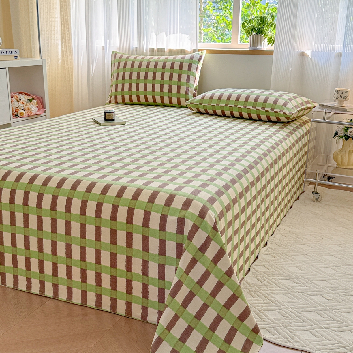 91家纺网 家纺一手货源 找家纺 丽美人家纺 2025新款全棉纯棉磨毛单床单 床单单件 方格绿