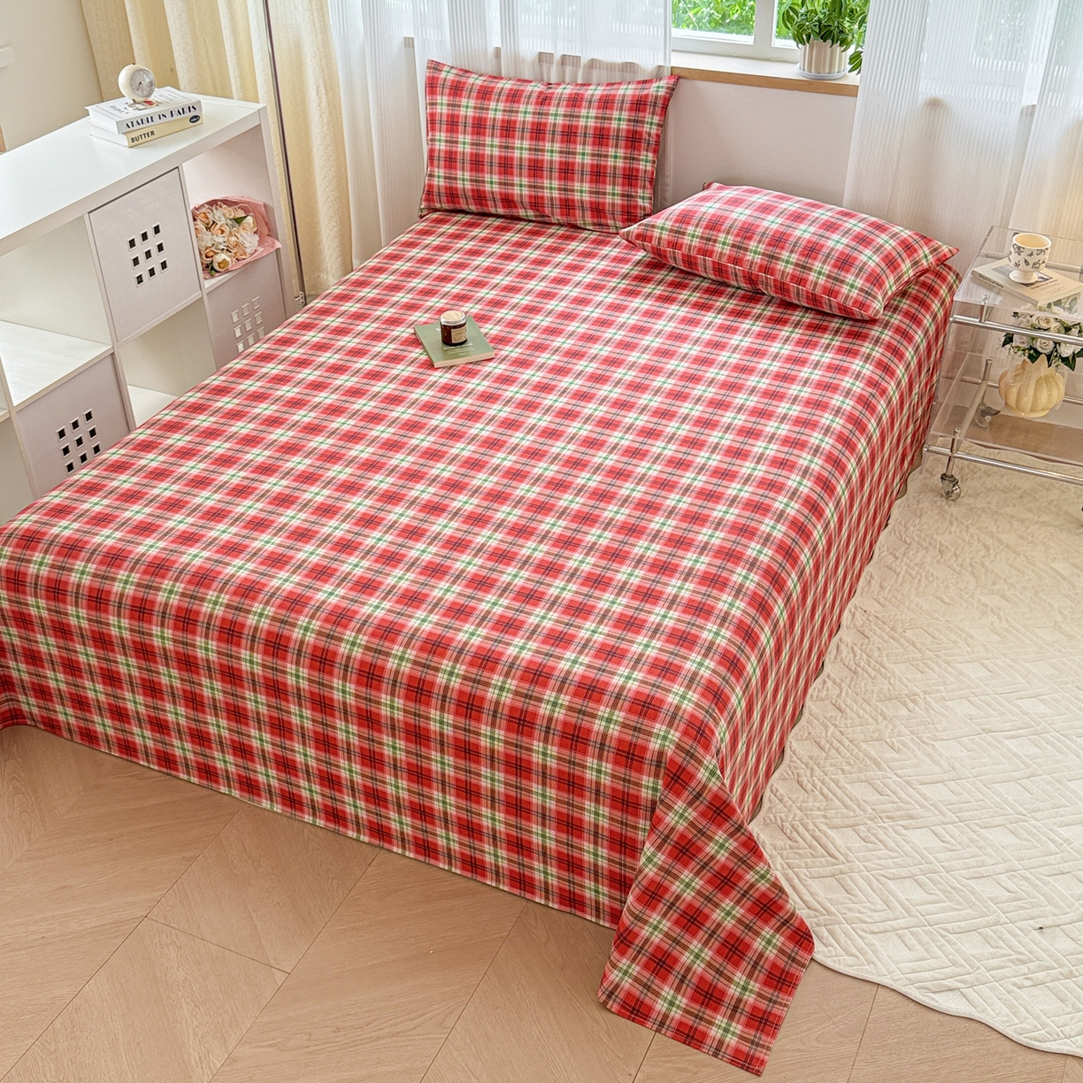 91家纺网 家纺一手货源 找家纺 丽美人家纺 2025新款全棉纯棉磨毛单床单 床单单件 红纹格