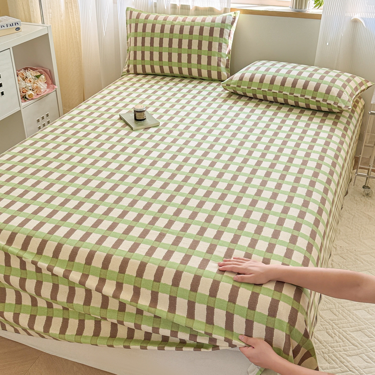 91家纺网 家纺一手货源 找家纺 丽美人家纺 2025新款全棉纯棉磨毛单床单 床单单件 方格绿