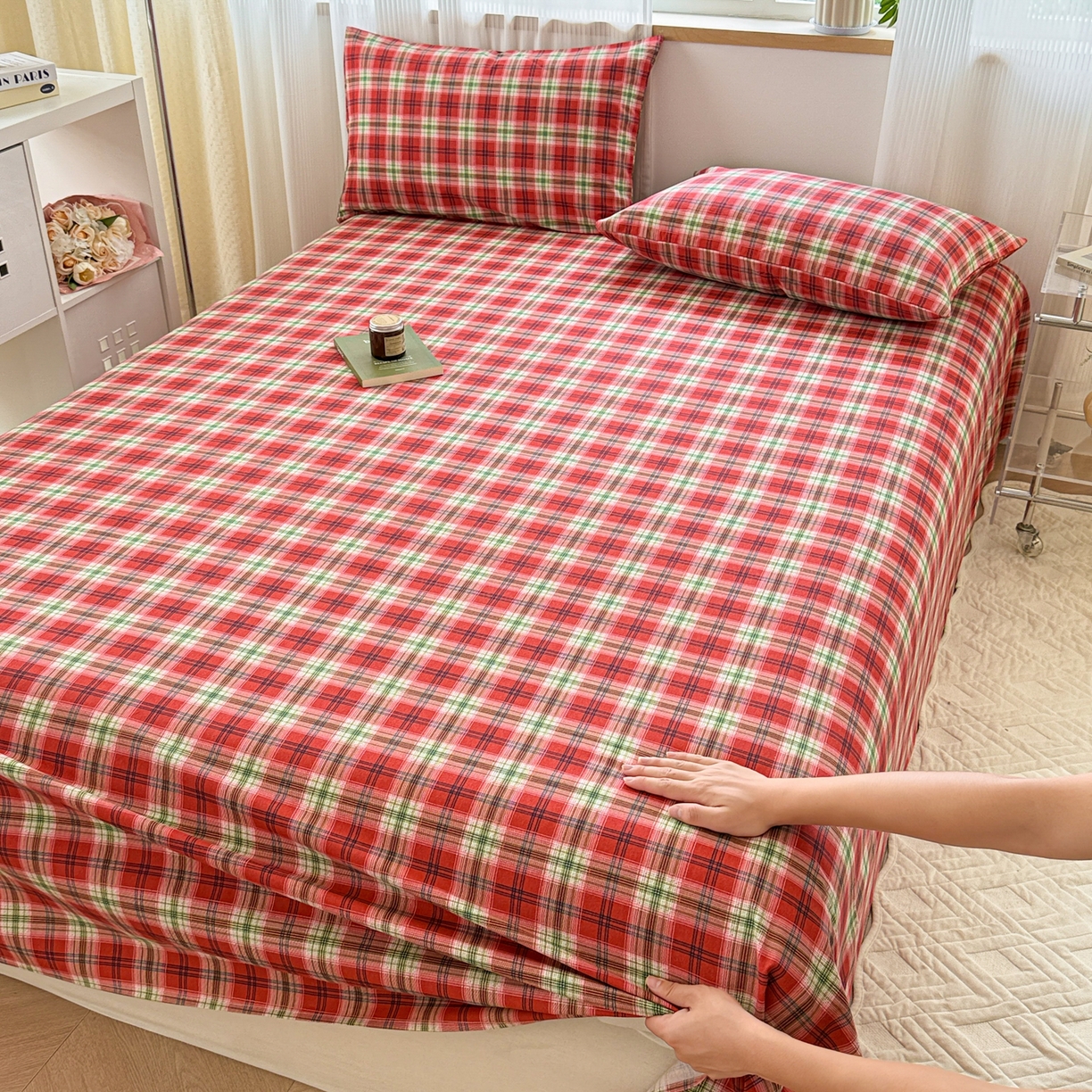 91家纺网 家纺一手货源 找家纺 丽美人家纺 2025新款全棉纯棉磨毛单床单 床单单件 红纹格