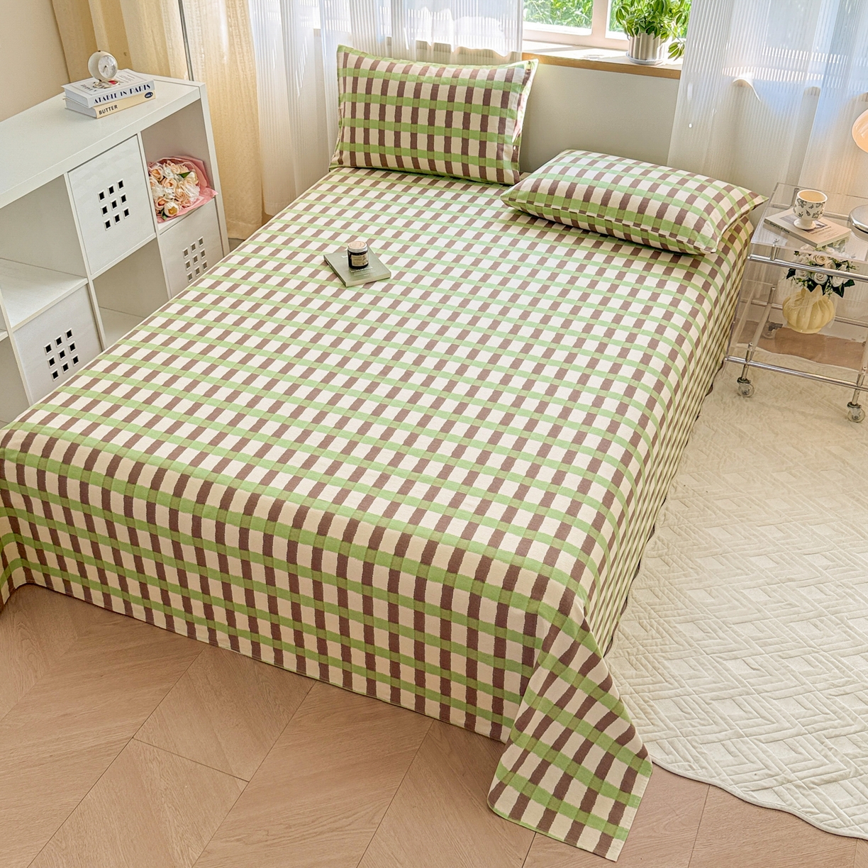 91家纺网 家纺一手货源 找家纺 丽美人家纺 2025新款全棉纯棉磨毛单床单 床单单件 方格绿