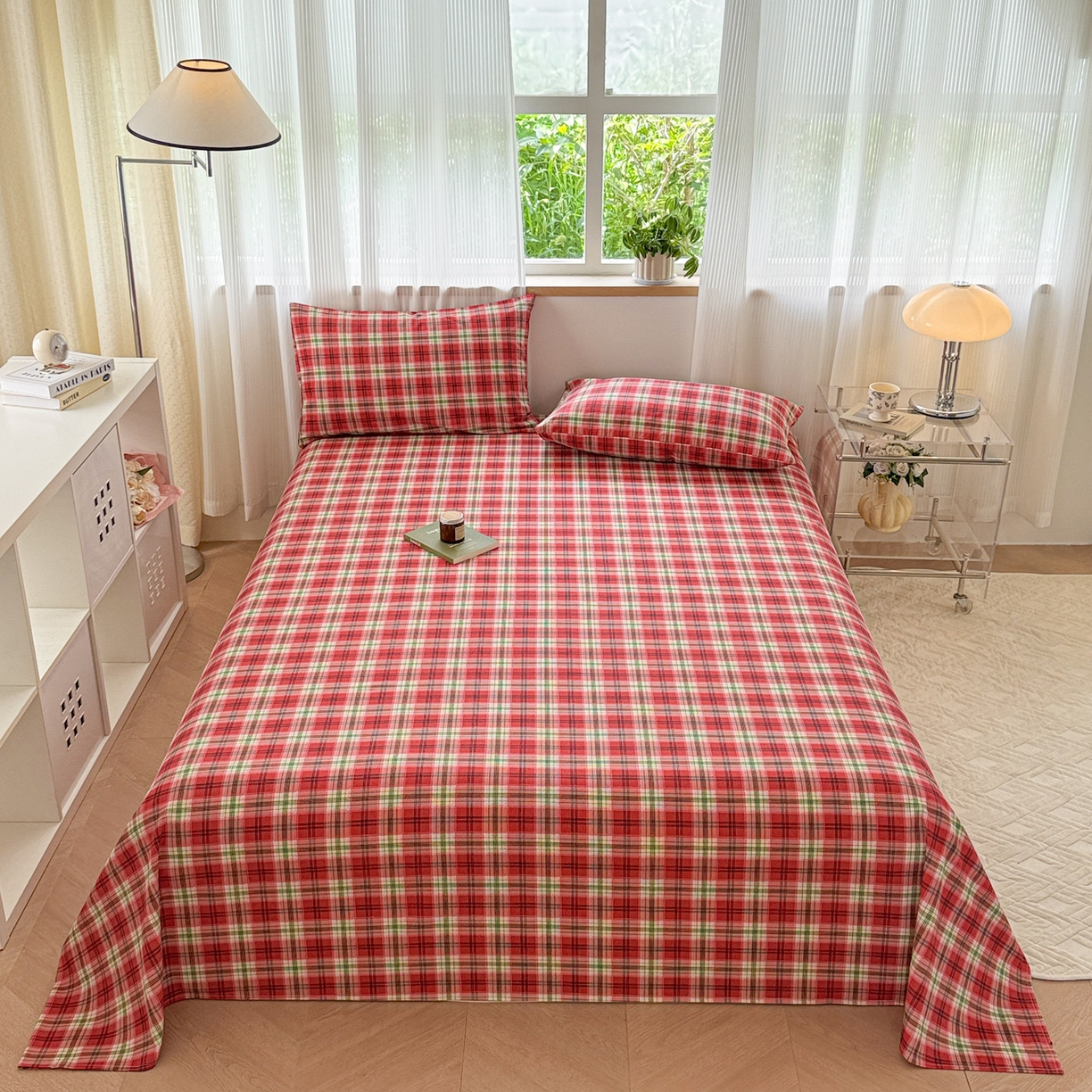 91家纺网 家纺一手货源 找家纺 丽美人家纺 2025新款全棉纯棉磨毛单床单 床单单件 红纹格