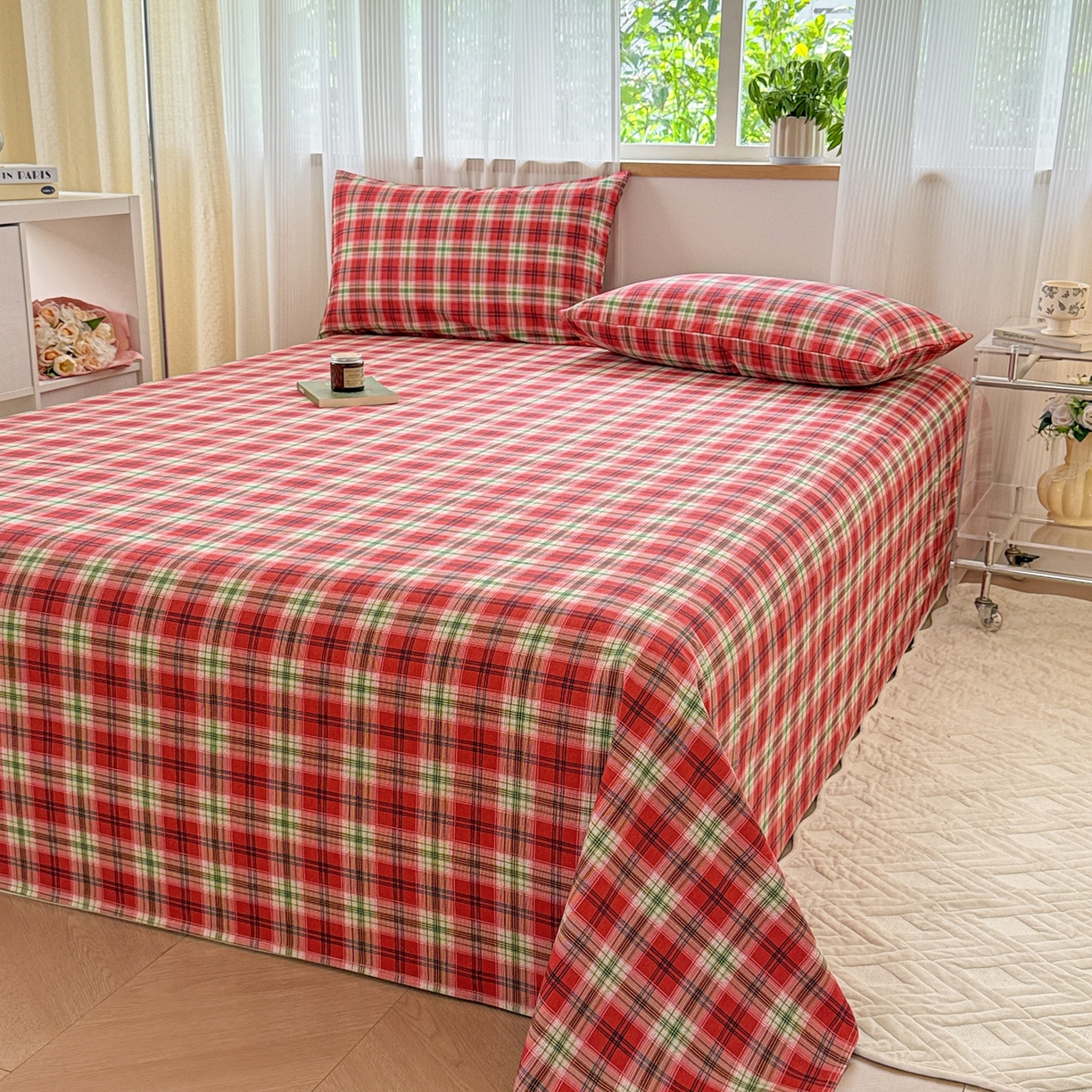 91家纺网 家纺一手货源 找家纺 丽美人家纺 2025新款全棉纯棉磨毛单床单 床单单件 红纹格