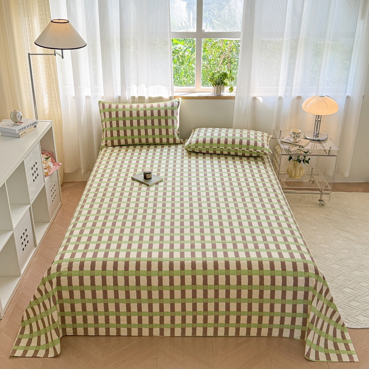 91家纺网 家纺一手货源 找家纺 丽美人家纺 2025新款全棉纯棉磨毛单床单 床单单件 方格绿