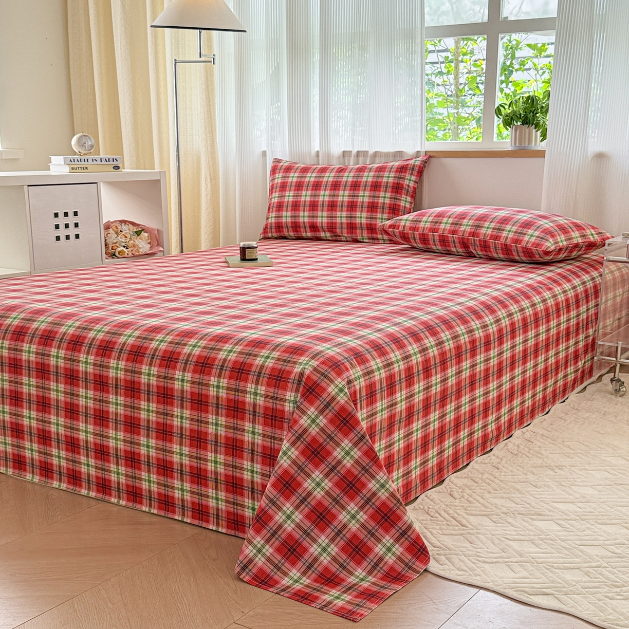 91家纺网 家纺一手货源 找家纺 丽美人家纺 2025新款全棉纯棉磨毛单床单 床单单件 红纹格