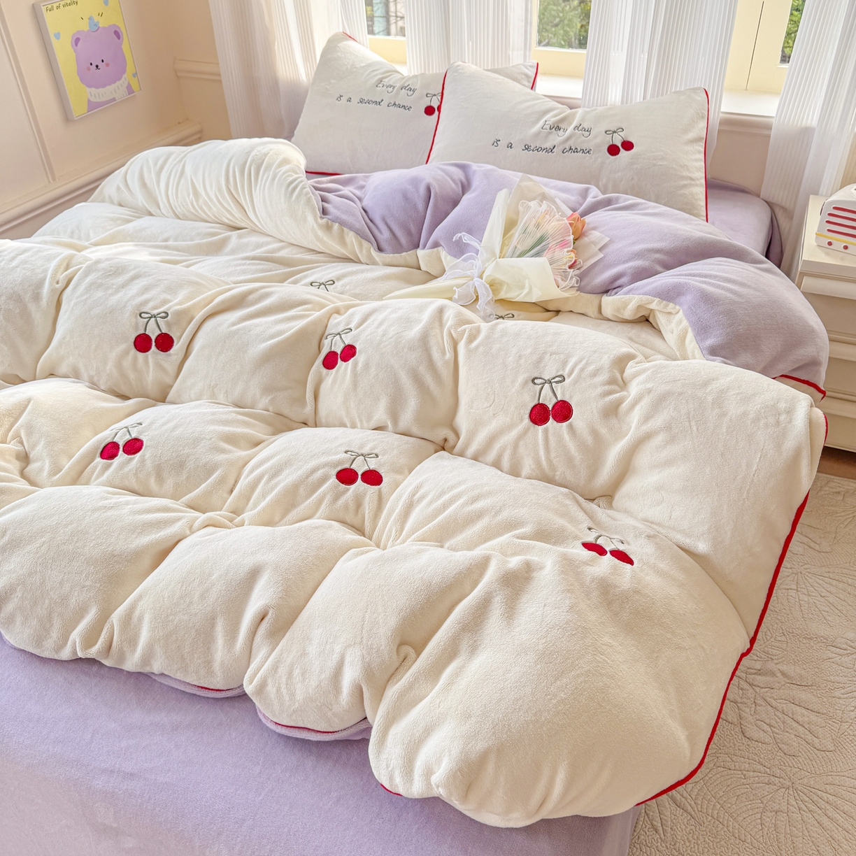 KA家纺 2025新款绣花嵌绳牛奶绒四件套-元气满满系列 元气满满奶昔白紫