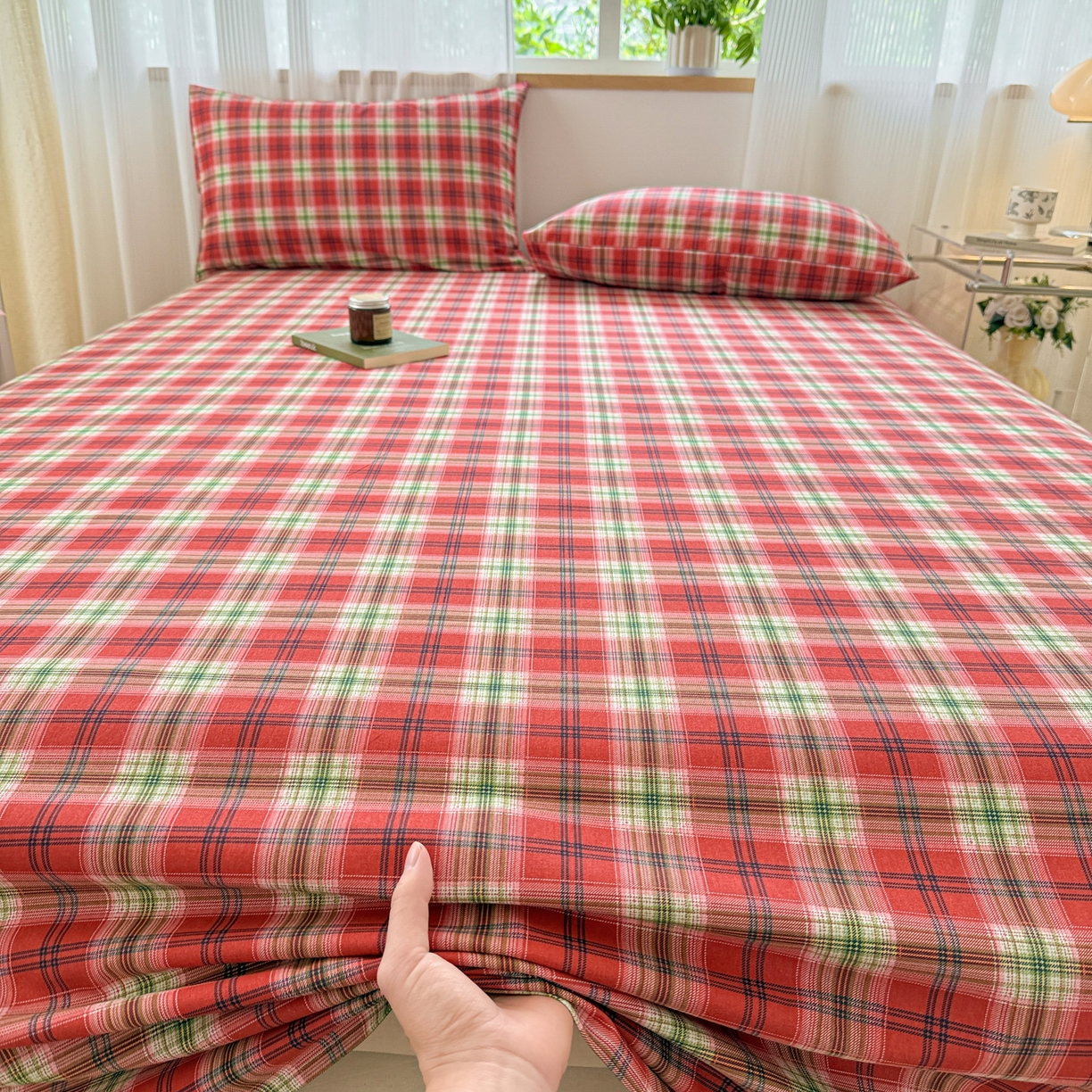 91家纺网 家纺一手货源 找家纺 丽美人家纺 2025新款全棉纯棉磨毛单床单 床单单件 红纹格