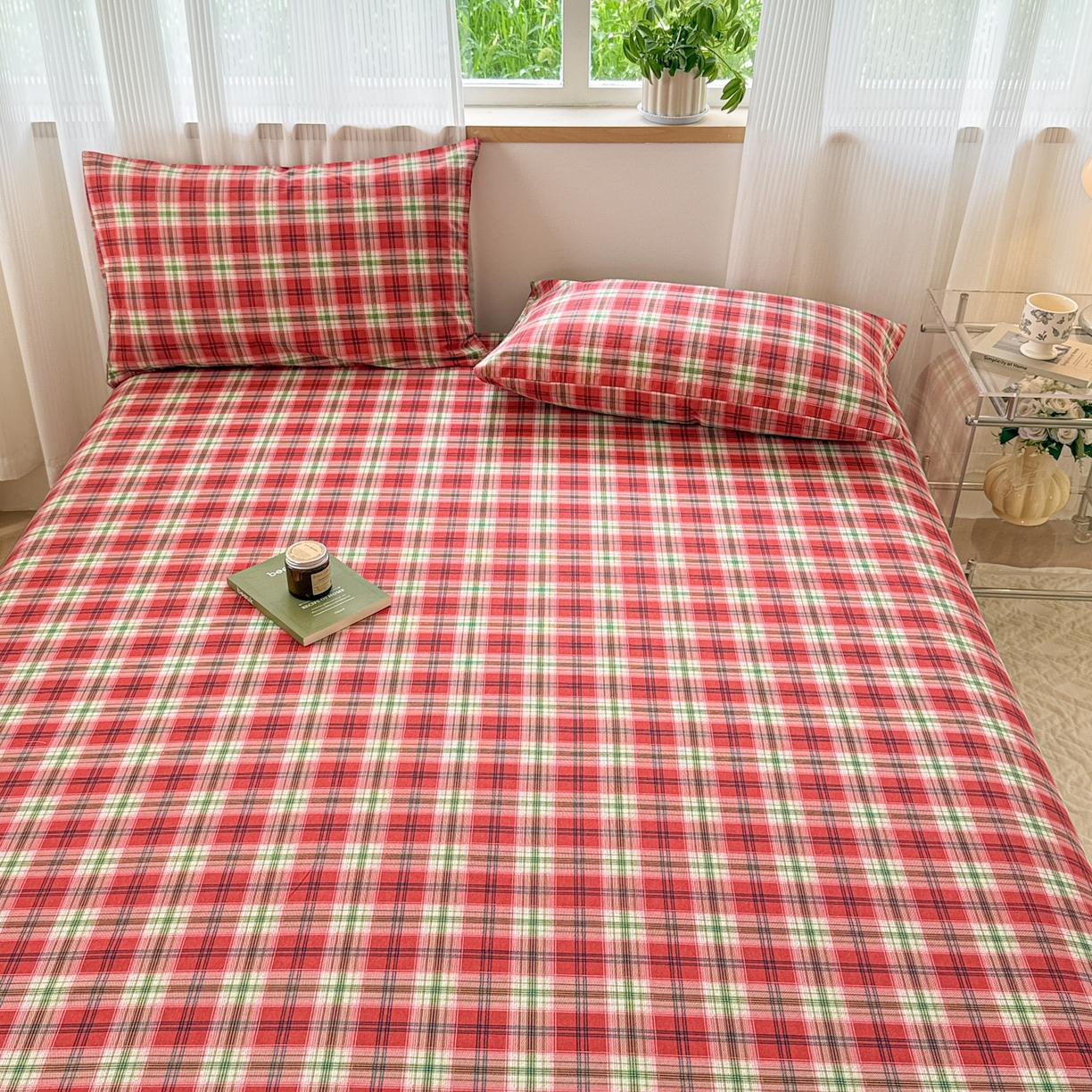 91家纺网 家纺一手货源 找家纺 丽美人家纺 2025新款全棉纯棉磨毛单床单 床单单件 红纹格