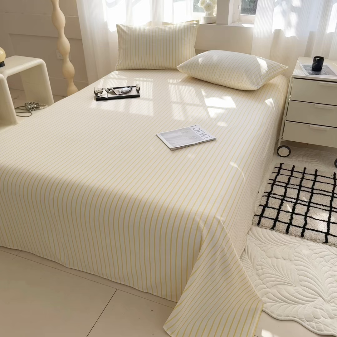 91家纺网 家纺一手货源 找家纺 丽美人家纺 2025新款全棉纯棉磨毛单床单 床单单件 简单黄条