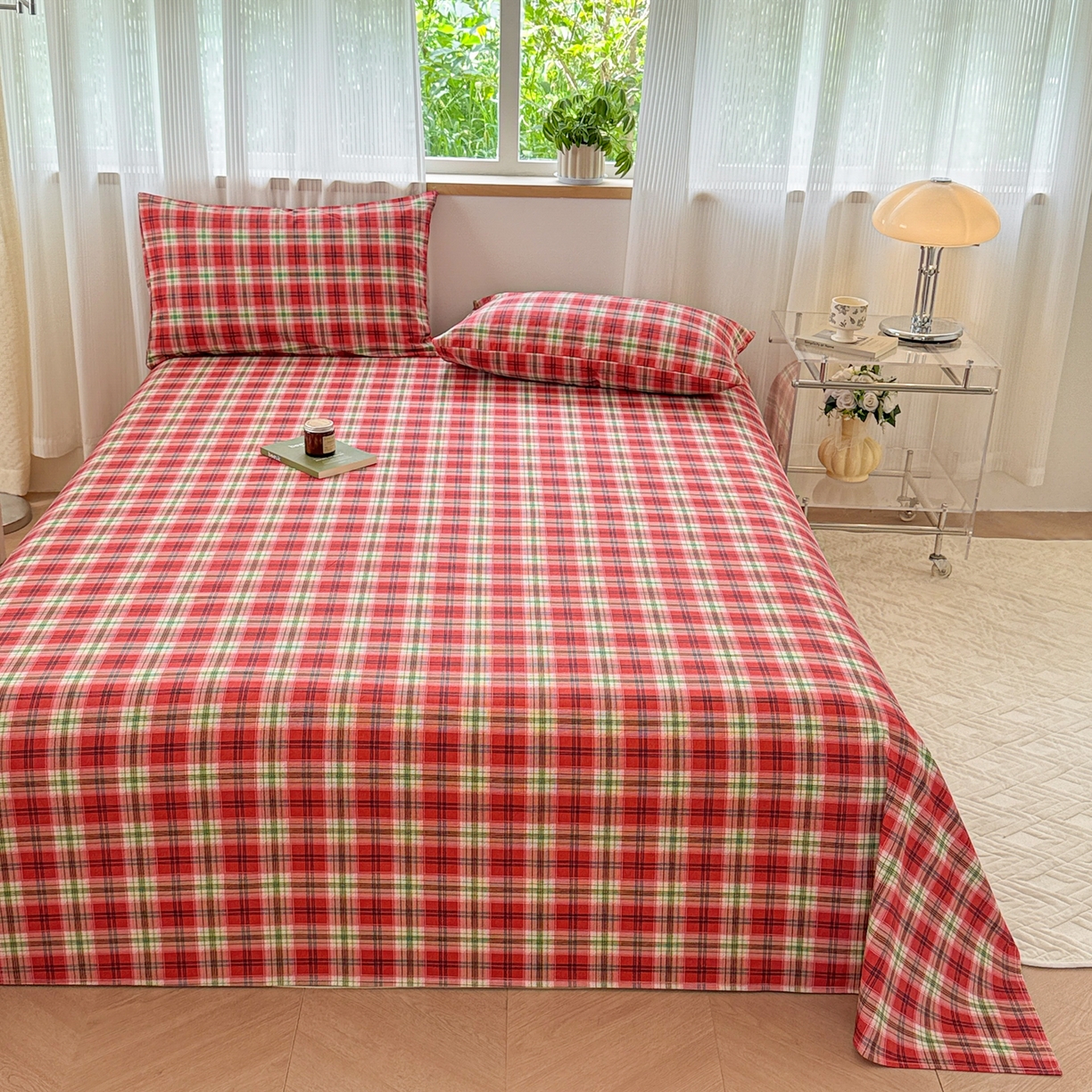 91家纺网 家纺一手货源 找家纺 丽美人家纺 2025新款全棉纯棉磨毛单床单 床单单件 红纹格