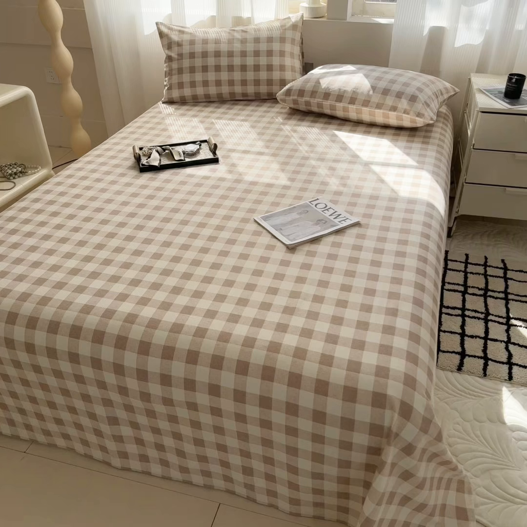 91家纺网 家纺一手货源 找家纺 丽美人家纺 2025新款全棉纯棉磨毛单床单 床单单件 浅咖中格