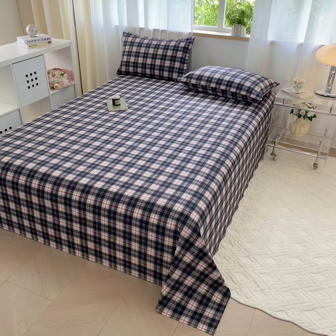 91家纺网 家纺一手货源 找家纺 丽美人家纺 2025新款全棉纯棉磨毛单床单 床单单件 黑纹格