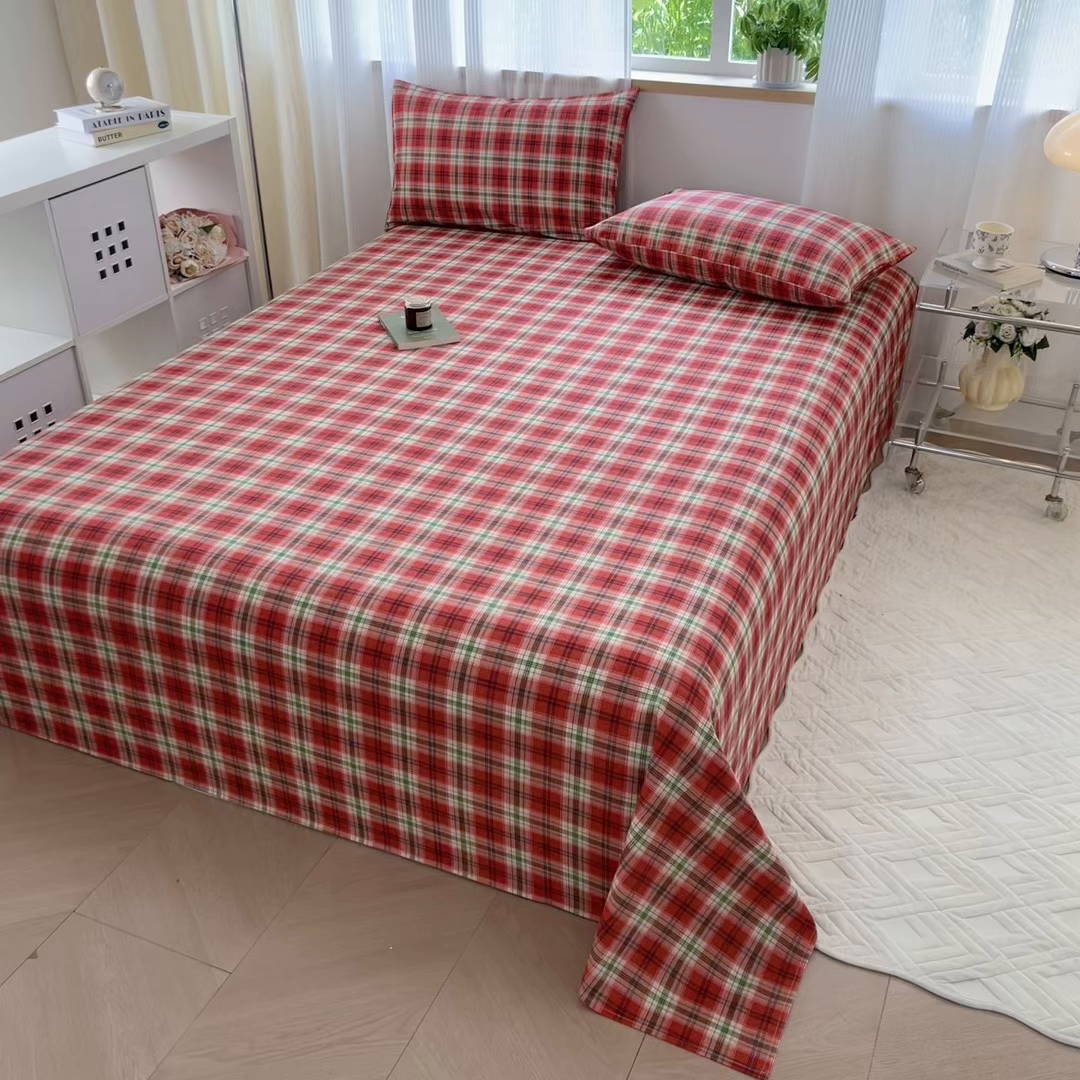 91家纺网 家纺一手货源 找家纺 丽美人家纺 2025新款全棉纯棉磨毛单床单 床单单件 红纹格