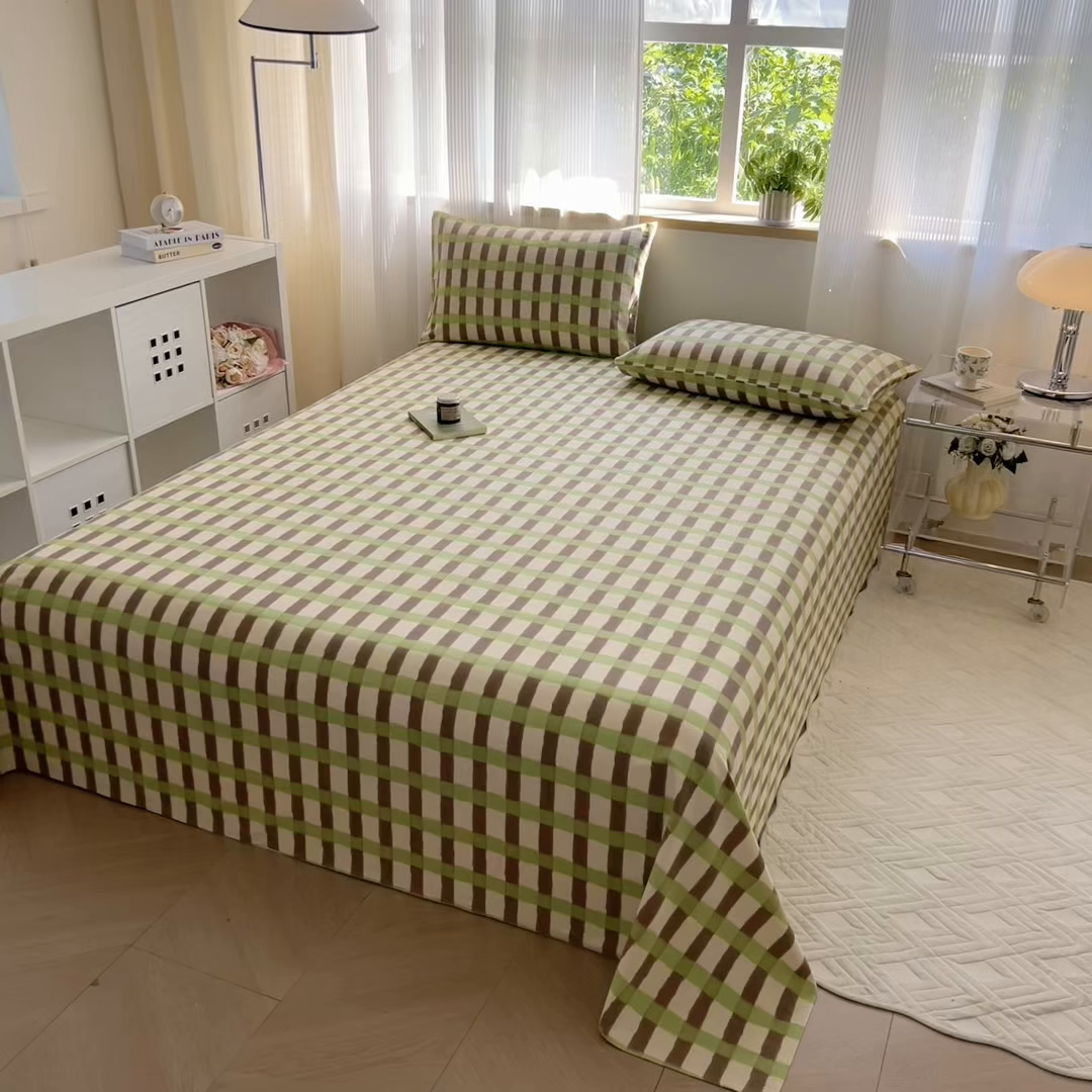 91家纺网 家纺一手货源 找家纺 丽美人家纺 2025新款全棉纯棉磨毛单床单 床单单件 方格绿