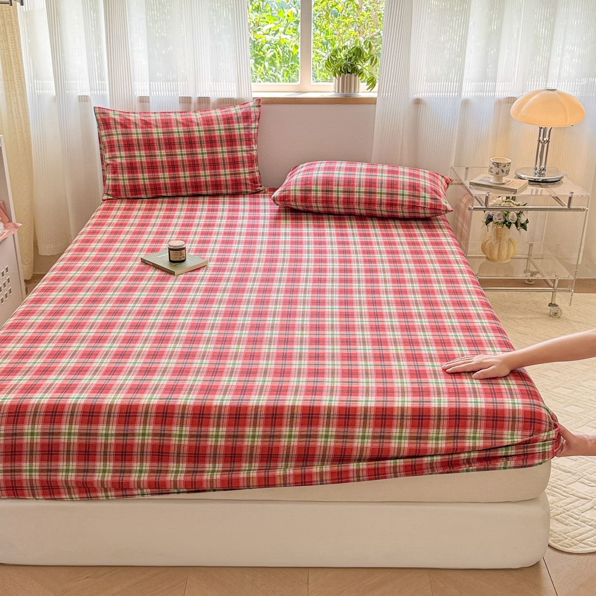 91家纺网 家纺一手货源 找家纺 丽美人家纺 2025新款全棉纯棉磨毛单床笠 床笠单件 红纹格