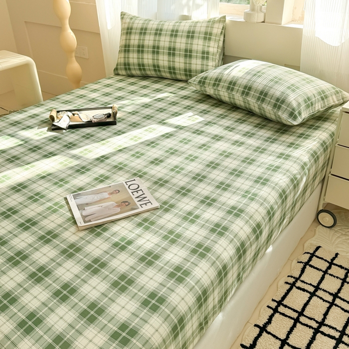 91家纺网 家纺一手货源 找家纺 丽美人家纺 2025新款全棉纯棉磨毛单床笠 床笠单件 旋律绿格