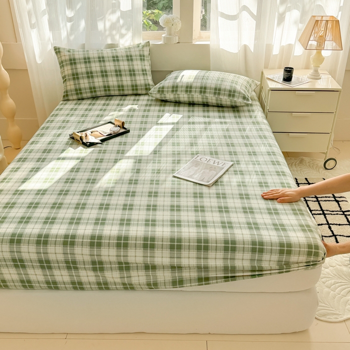 91家纺网 家纺一手货源 找家纺 丽美人家纺 2025新款全棉纯棉磨毛单床笠 床笠单件 旋律绿格