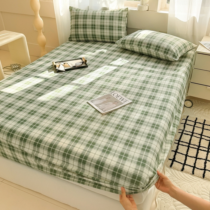 91家纺网 家纺一手货源 找家纺 丽美人家纺 2025新款全棉纯棉磨毛单床笠 床笠单件 旋律绿格