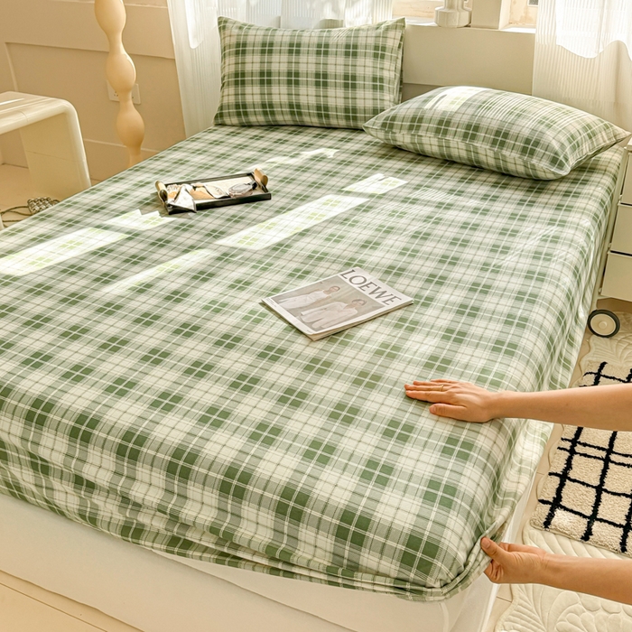 91家纺网 家纺一手货源 找家纺 丽美人家纺 2025新款全棉纯棉磨毛单床笠 床笠单件 旋律绿格