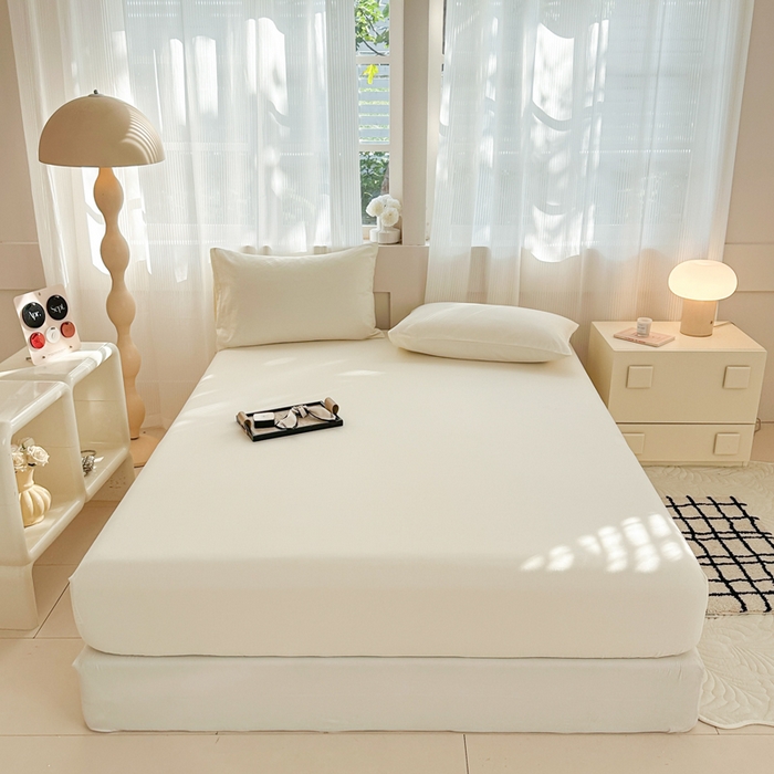 91家纺网 家纺一手货源 找家纺 丽美人家纺 2025新款全棉纯棉磨毛单床笠 床笠单件 奶昔白