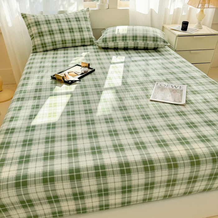 91家纺网 家纺一手货源 找家纺 丽美人家纺 2025新款全棉纯棉磨毛单床笠 床笠单件 旋律绿格