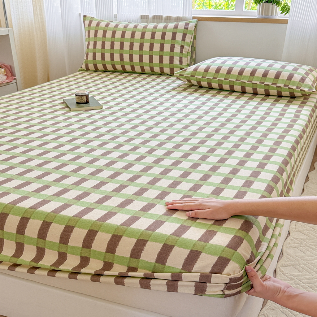 91家纺网 家纺一手货源 找家纺 丽美人家纺 2025新款全棉纯棉磨毛单床笠 床笠单件 方格绿