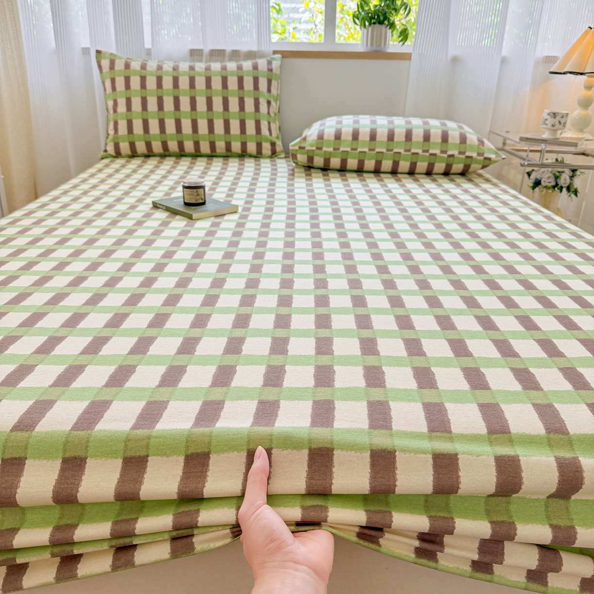 91家纺网 家纺一手货源 找家纺 丽美人家纺 2025新款全棉纯棉磨毛单床笠 床笠单件 方格绿