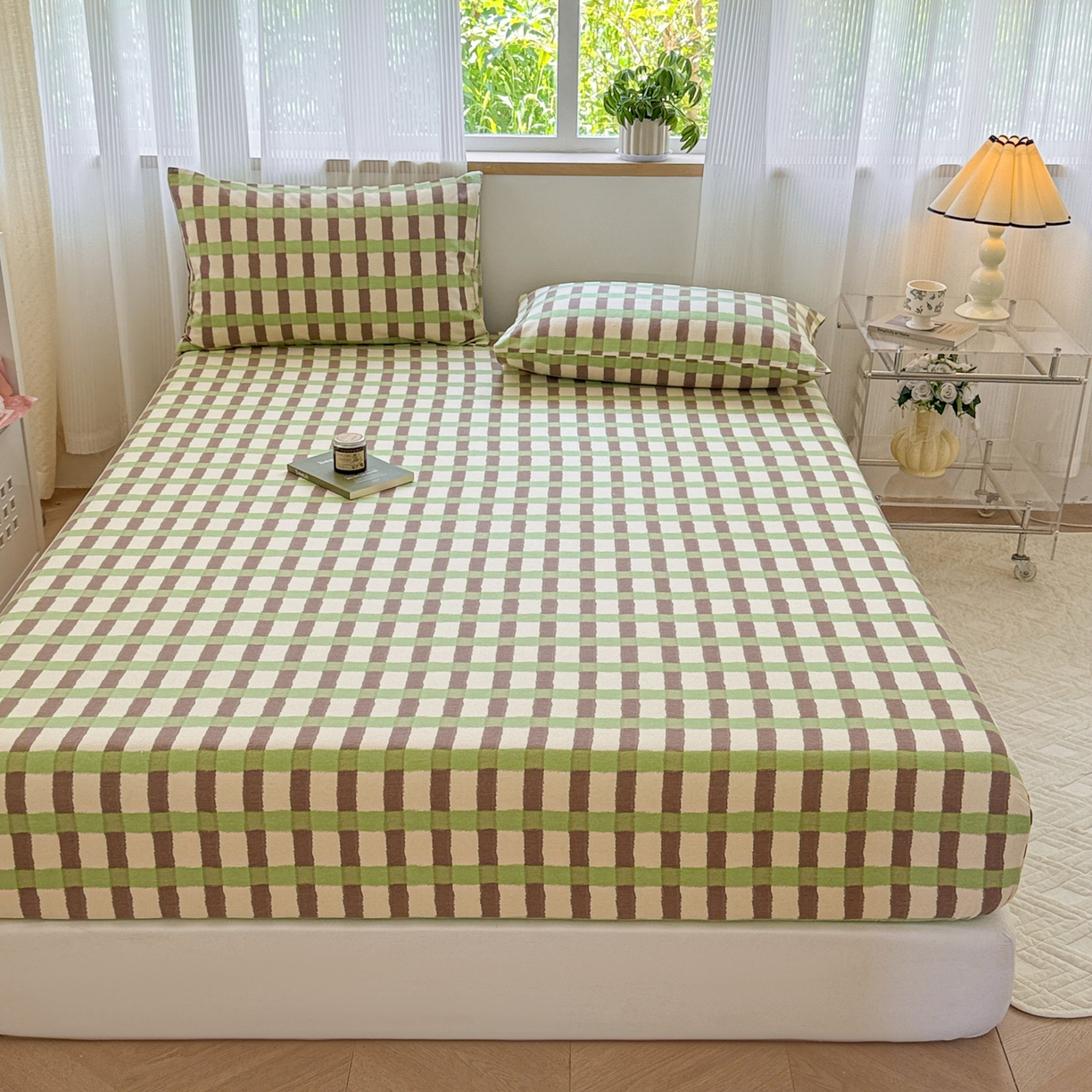 91家纺网 家纺一手货源 找家纺 丽美人家纺 2025新款全棉纯棉磨毛单床笠 床笠单件 方格绿