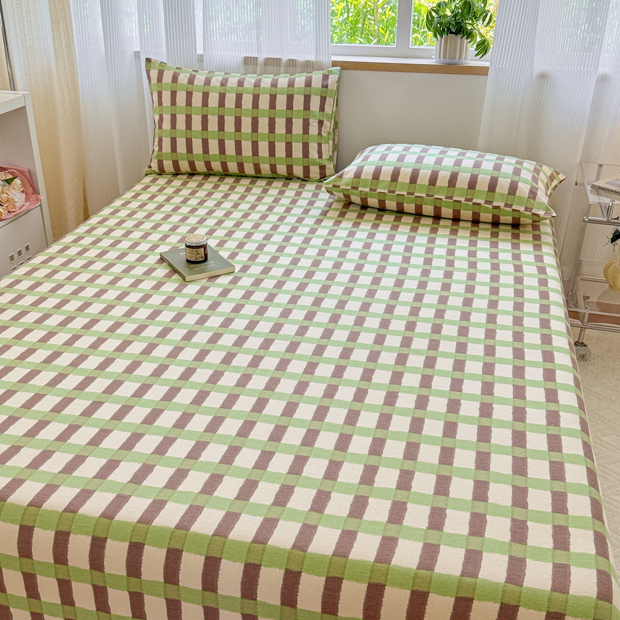 91家纺网 家纺一手货源 找家纺 丽美人家纺 2025新款全棉纯棉磨毛单床笠 床笠单件 方格绿