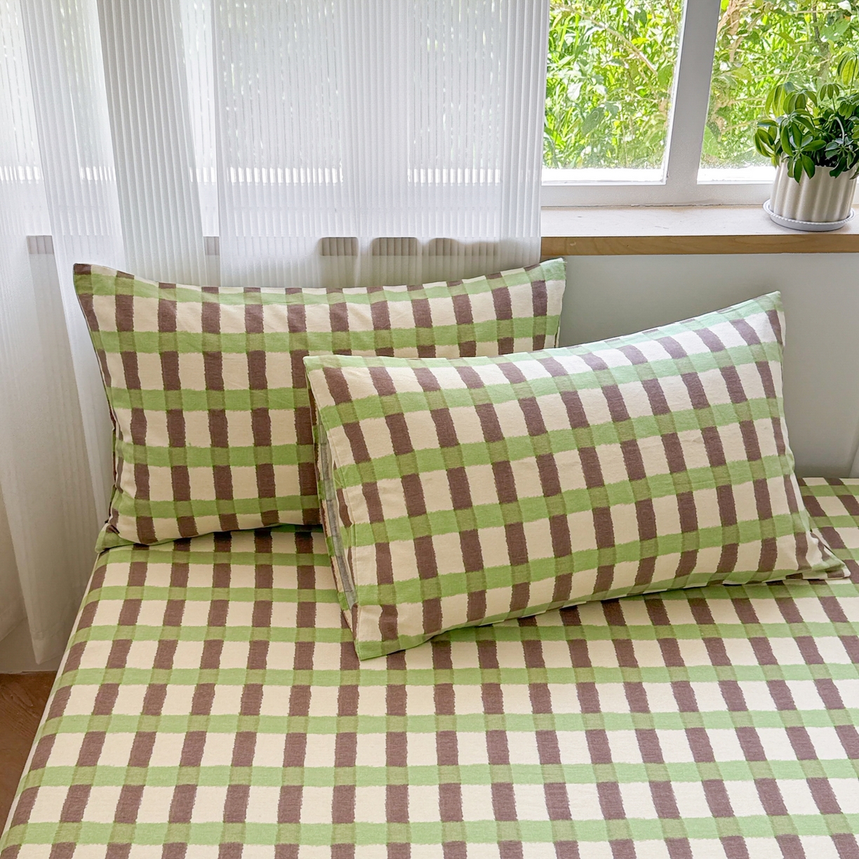 91家纺网 家纺一手货源 找家纺 丽美人家纺 2025新款全棉纯棉磨毛单床笠 床笠单件 方格绿