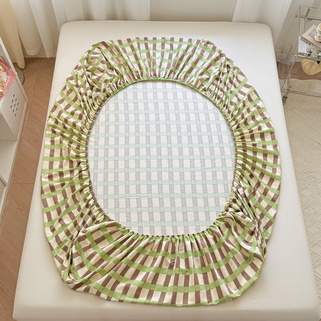 91家纺网 家纺一手货源 找家纺 丽美人家纺 2025新款全棉纯棉磨毛单床笠 床笠单件 方格绿