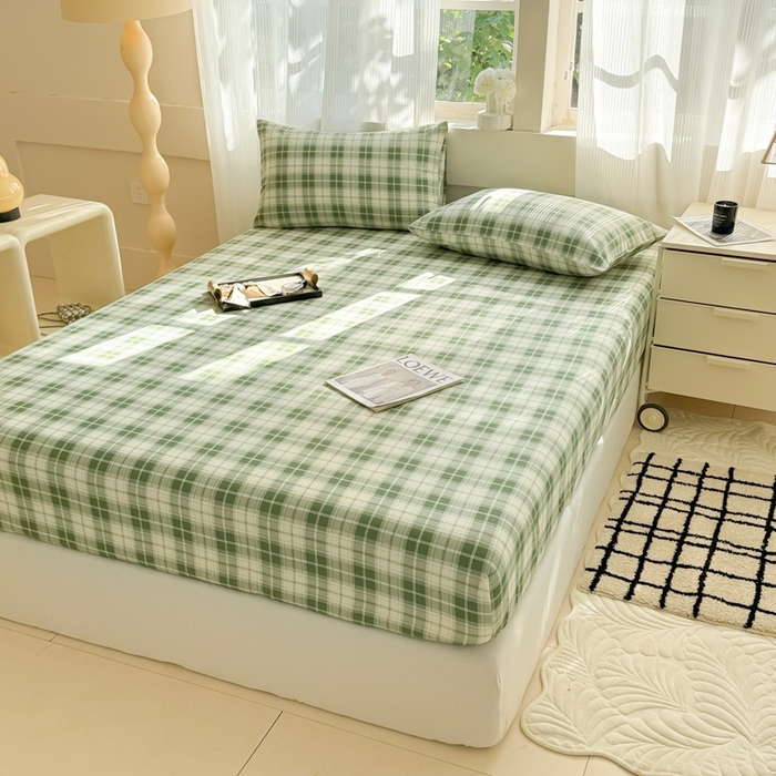 91家纺网 家纺一手货源 找家纺 丽美人家纺 2025新款全棉纯棉磨毛单床笠 床笠单件 旋律绿格