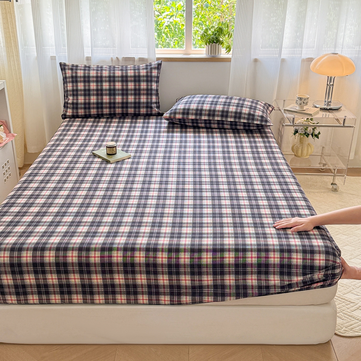 91家纺网 家纺一手货源 找家纺 丽美人家纺 2025新款全棉纯棉磨毛单床笠 床笠单件 黑纹格