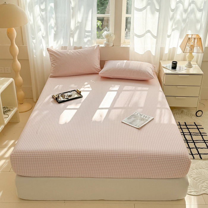 91家纺网 家纺一手货源 找家纺 丽美人家纺 2025新款全棉纯棉磨毛单床笠 床笠单件 迷你粉格