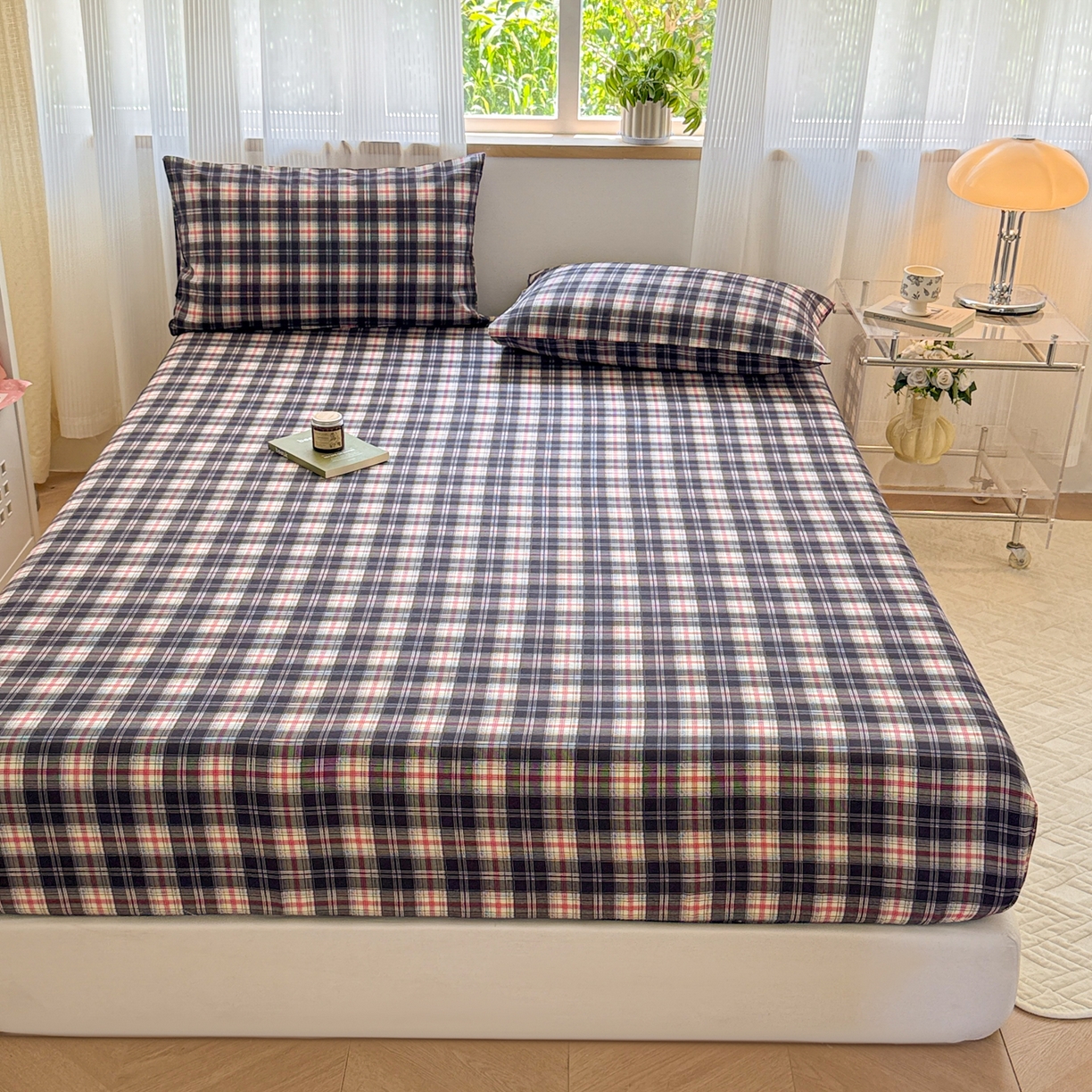 91家纺网 家纺一手货源 找家纺 丽美人家纺 2025新款全棉纯棉磨毛单床笠 床笠单件 黑纹格